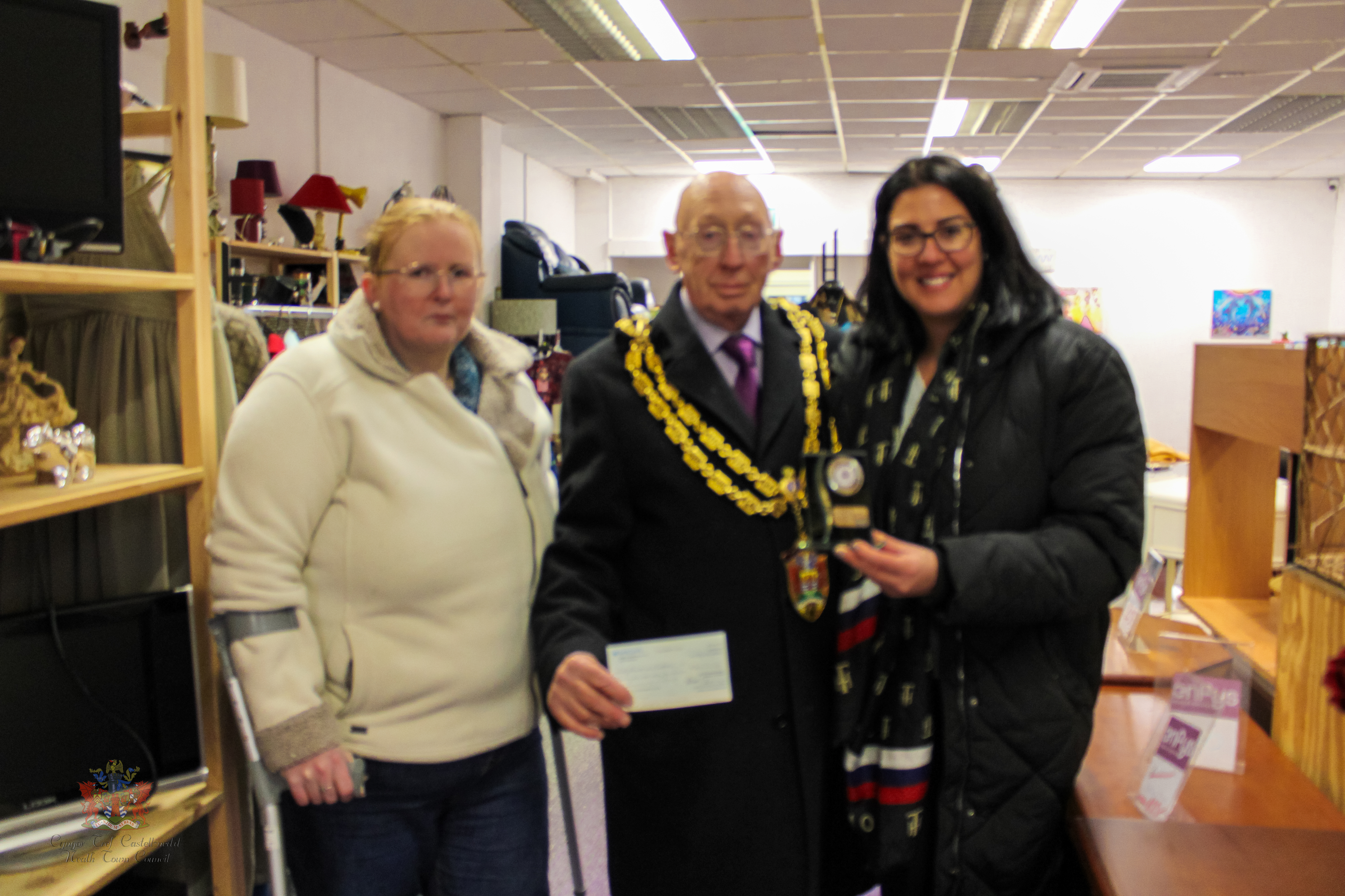 The Mayor with staff at Enfys charity shop