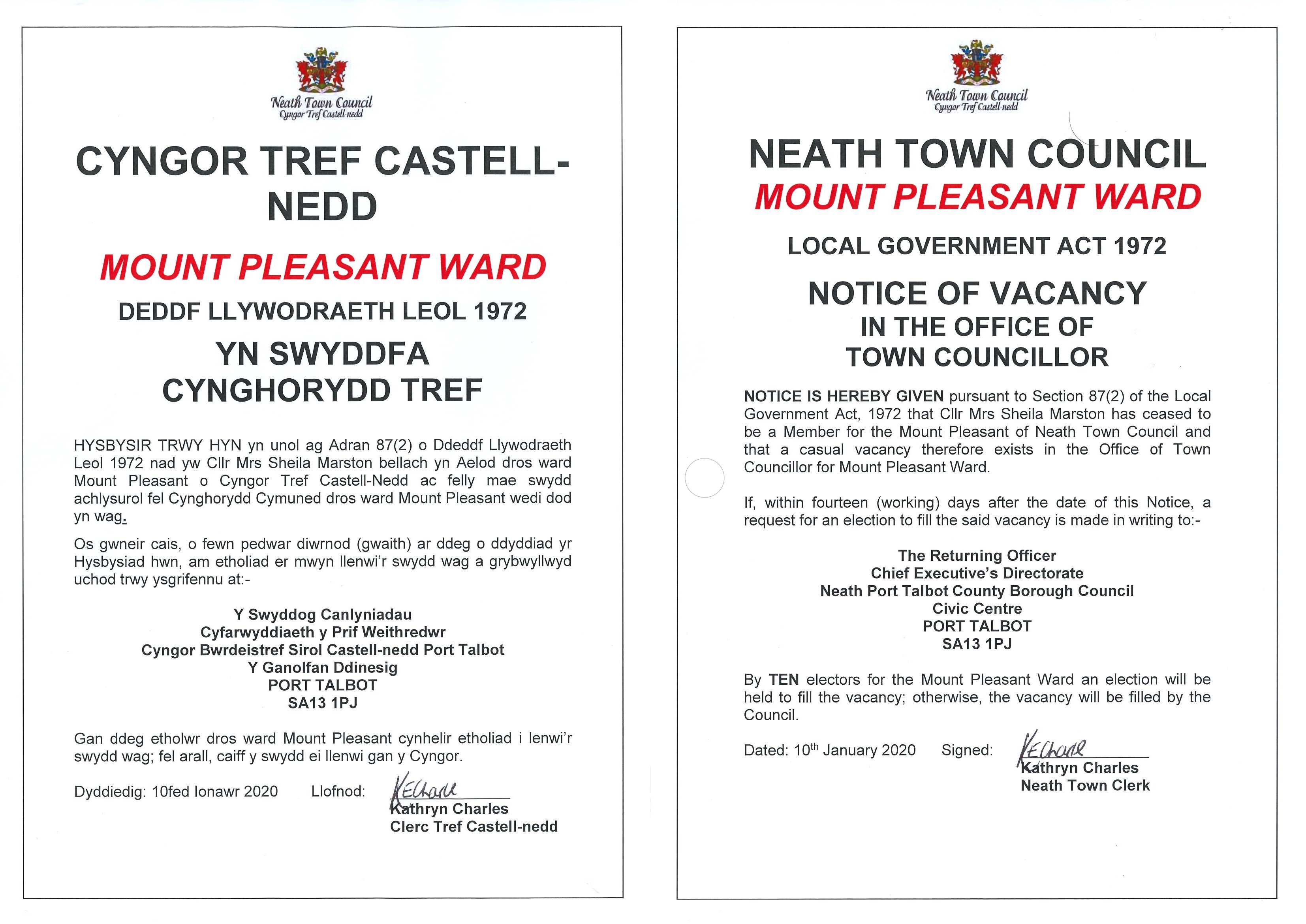 Notice of Vacancy in Mount Pleasant Ward