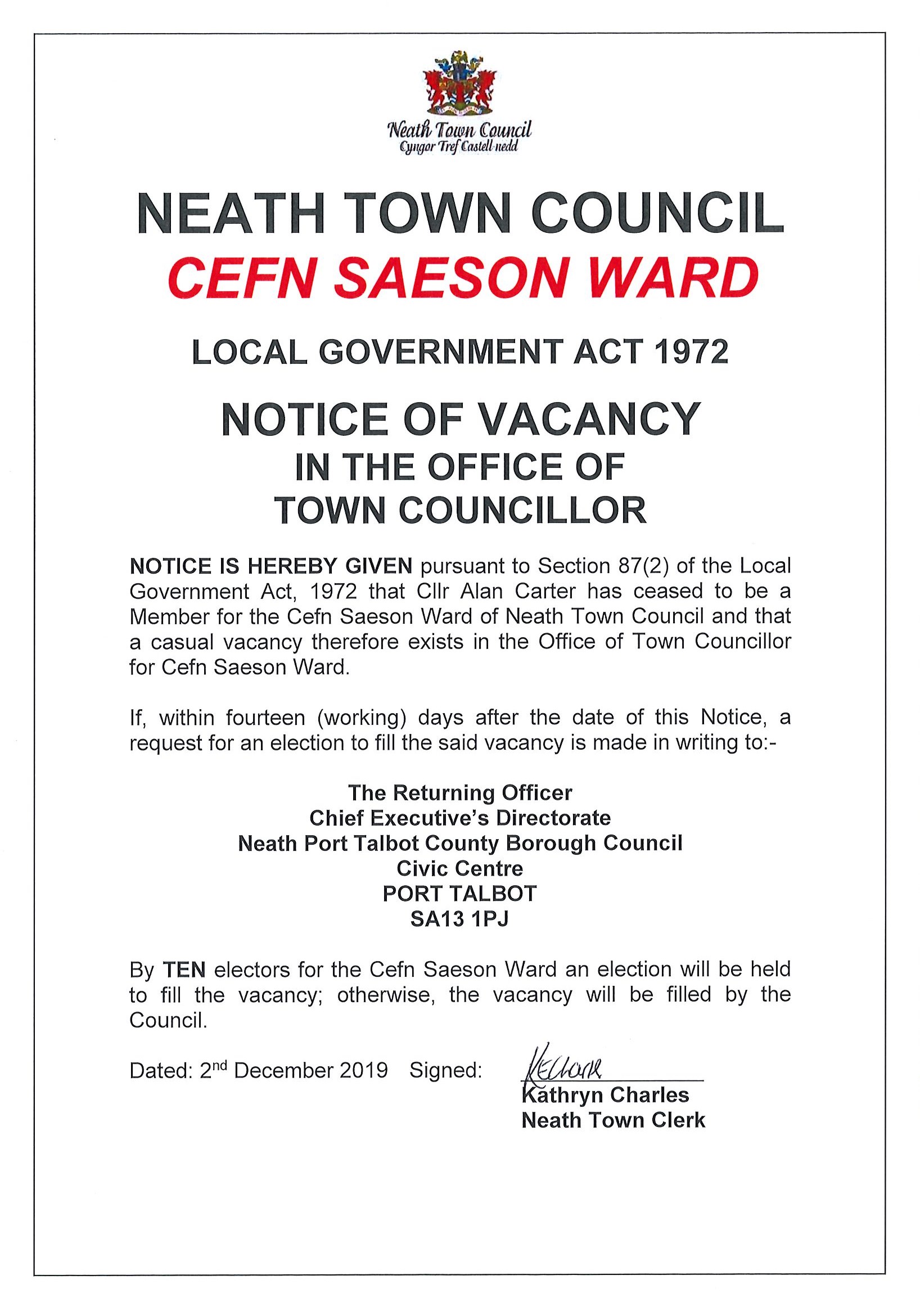 Notice of Vacancy in Cefn Saeson Ward